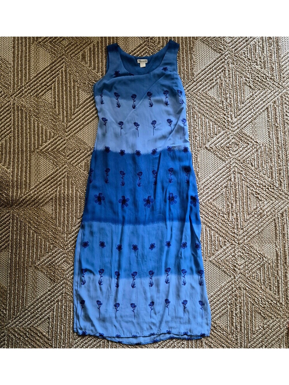 Vintage 90s Blue Ombre Floral Maxi Dress Whimsigoth Fairycore Slip Dress M